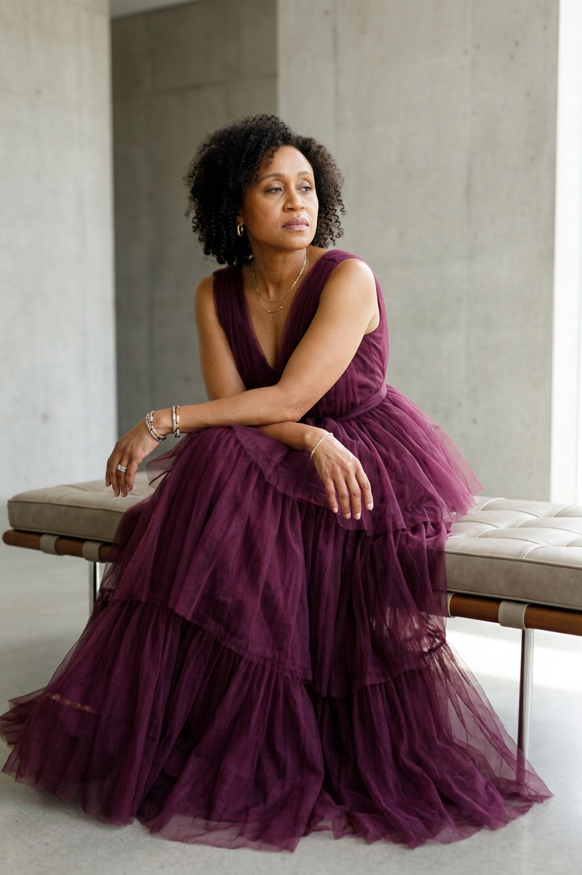 A woman in a deep plum tulle gown resting on a bench in soft daylight